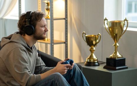 Illustration of a gamer progressing from casual play to professional level, mastering video games and earning money through gaming