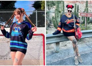 Oversized hockey jersey paired with high-top sneakers and slim jeans for a casual look