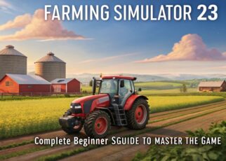 Illustration for a Farming Simulator 23 beginner’s guide showing farming equipment, lush fields, and a rural landscape, emphasizing gameplay and farm management.