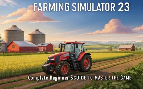 Illustration for a Farming Simulator 23 beginner’s guide showing farming equipment, lush fields, and a rural landscape, emphasizing gameplay and farm management.