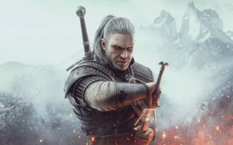 Geralt wielding a silver sword in a ray-traced foggy swamp during the Witcher 3 PS5 update.
