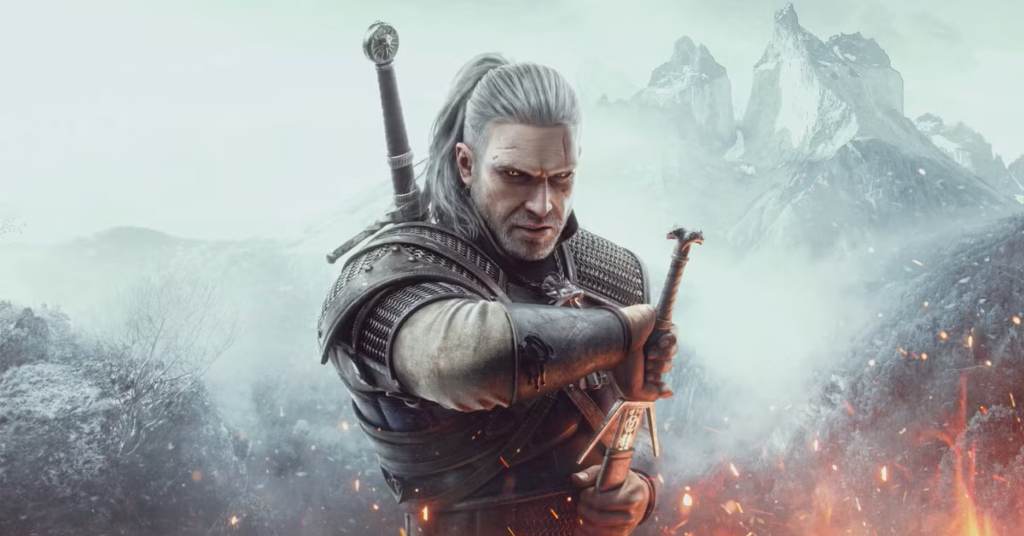 Geralt wielding a silver sword in a ray-traced foggy swamp during the Witcher 3 PS5 update.