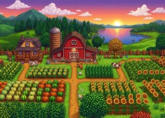 Colorful farm scene from Stardew Valley showing crops, barn, and peaceful countryside landscape at sunset