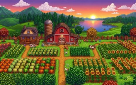 Colorful farm scene from Stardew Valley showing crops, barn, and peaceful countryside landscape at sunset