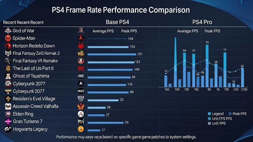Comparison chart displaying frame rate performance of recent PS4 games on base console versus PS4 Pro