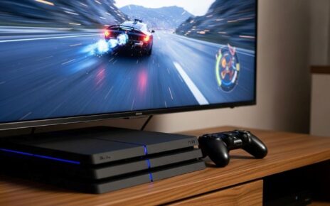PlayStation 4 console with controller showing optimized game performance on television screen