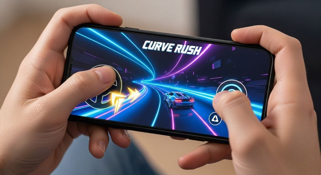 Player hands holding smartphone playing Curve Rush arcade game demonstrating proper finger positioning for better control