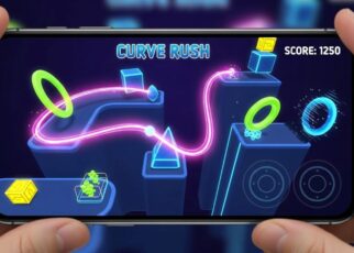 Mobile phone screen showing Curve Rush game with colorful trail navigating through obstacles without crashing