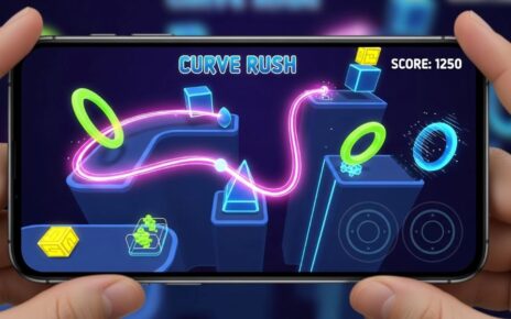 Mobile phone screen showing Curve Rush game with colorful trail navigating through obstacles without crashing