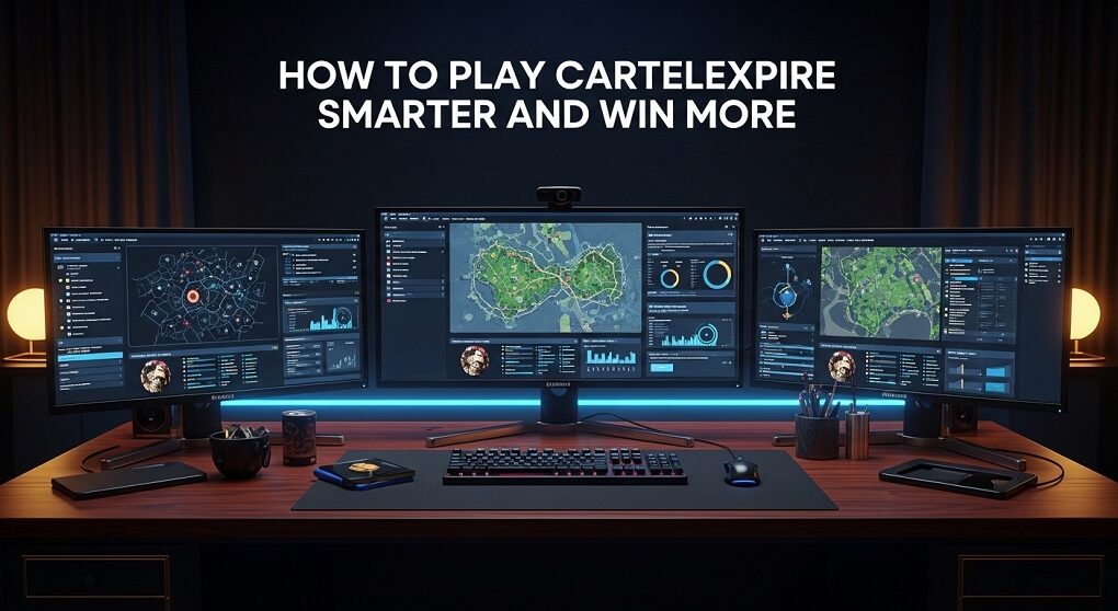 Professional gaming setup showing CartelEmpire strategy guide and winning tips title.