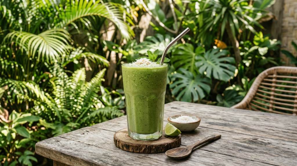 Fresh tropical green smoothie ingredients with coconut milk
