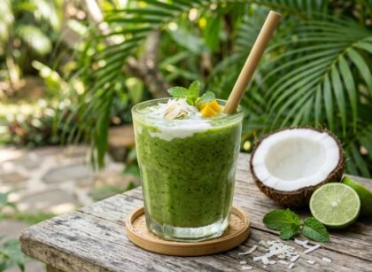 Tropical green smoothie with coconut milk, mango, pineapple, and spinach