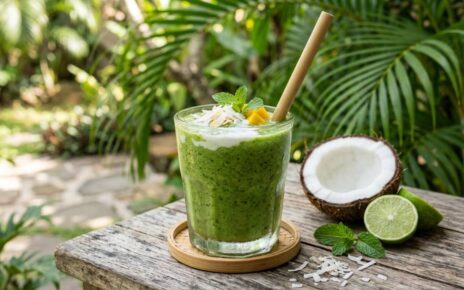 Tropical green smoothie with coconut milk, mango, pineapple, and spinach