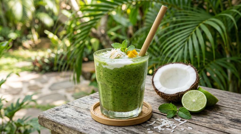 Tropical green smoothie with coconut milk, mango, pineapple, and spinach